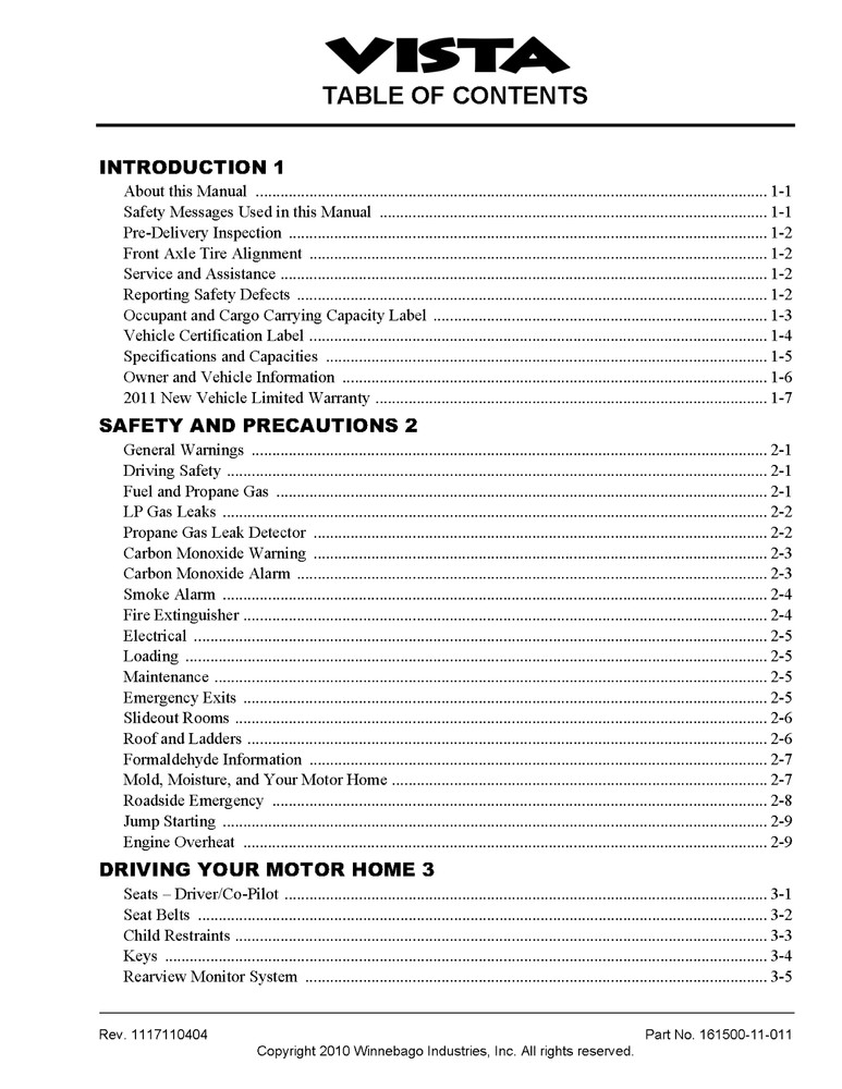 2011 Winnebago Vista Home Owners Operation Manual User Guide