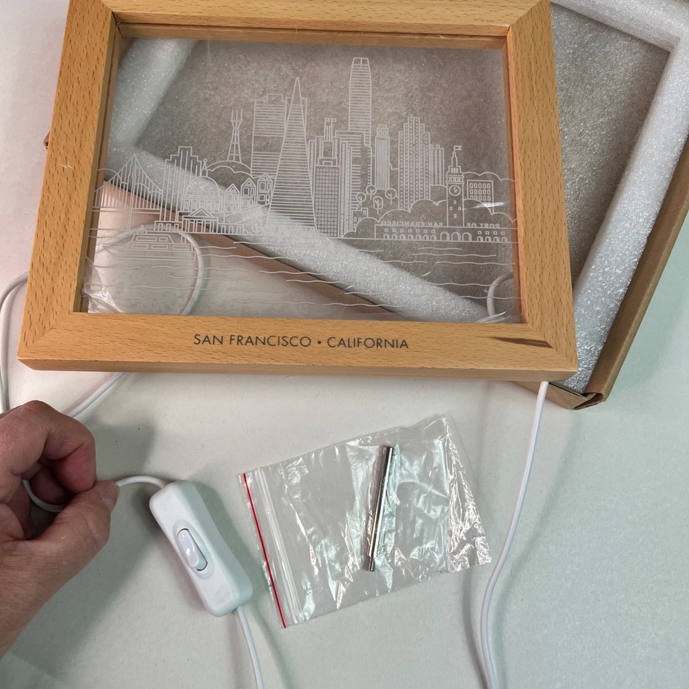 NEW San Francisco Skyline Light LED USB Powered Plug Beechwood Frame Light Up