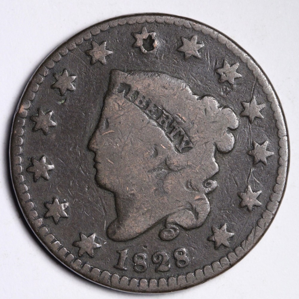 1828 Small Wide Date Coronet Head Large Cent CHOICE VG E103 ACH