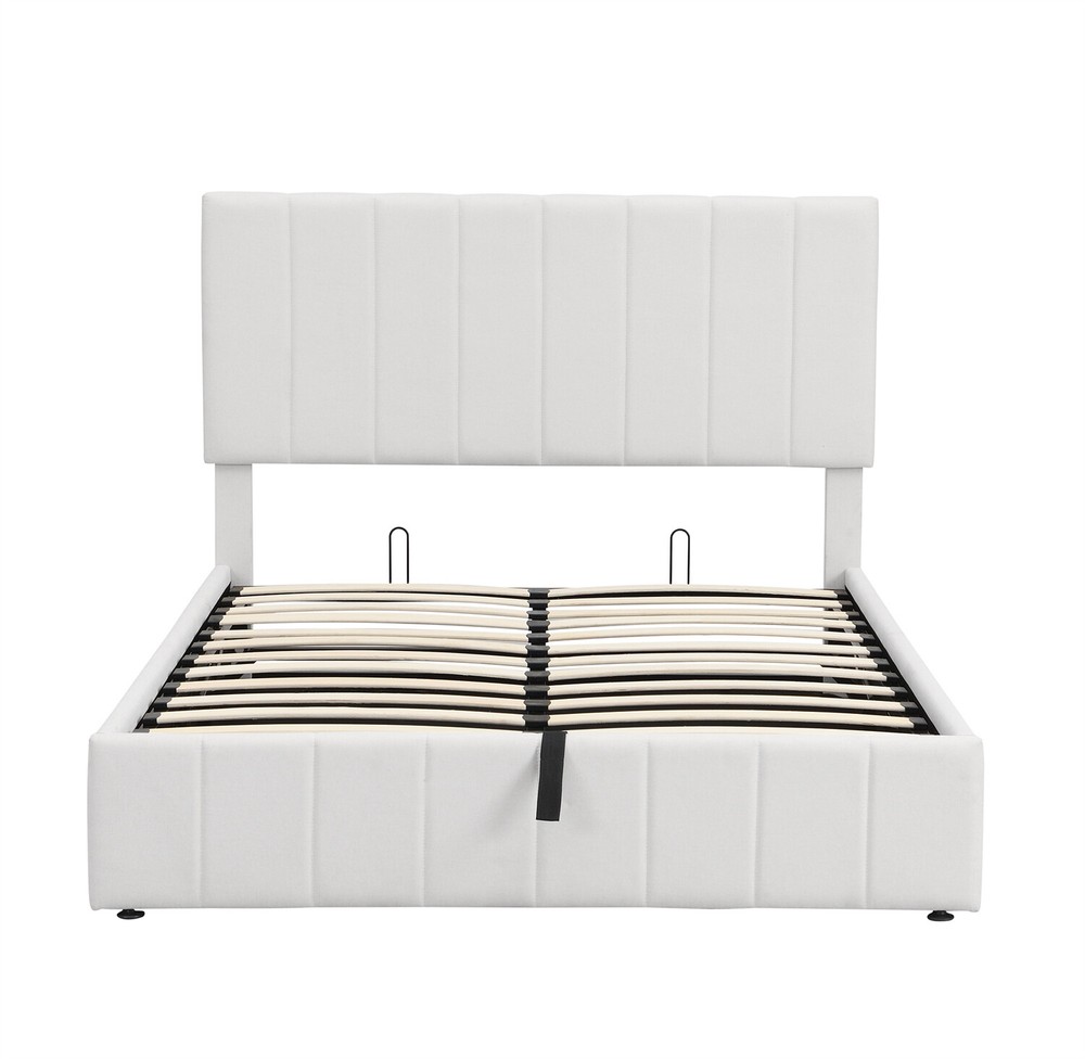 Full Size Upholstered Platform Bed Frame with Hydraulic Storage System White New