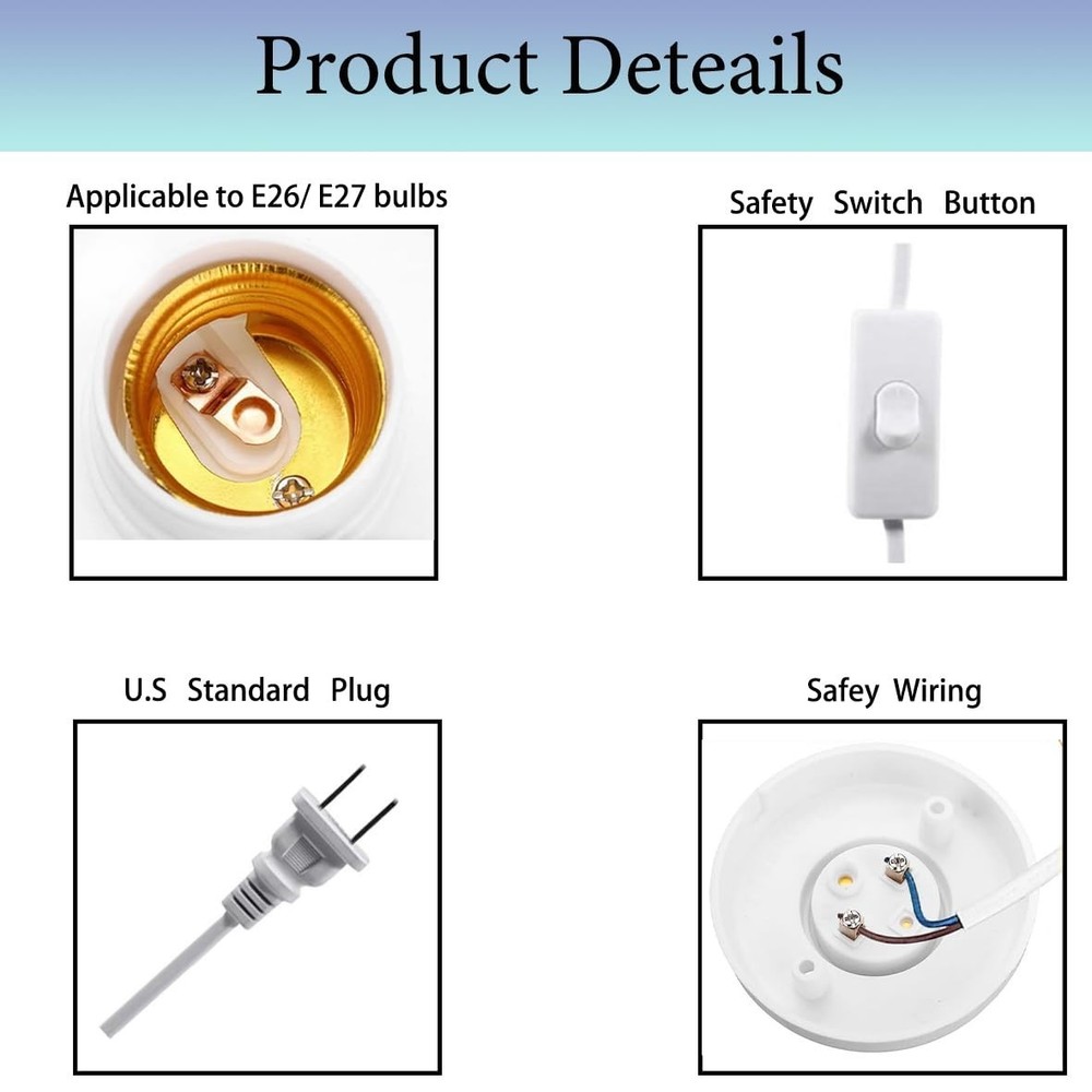 15FT Light Bulb Base with Cord E26/E27 Light Socket with On/Off Switch, 110V-250