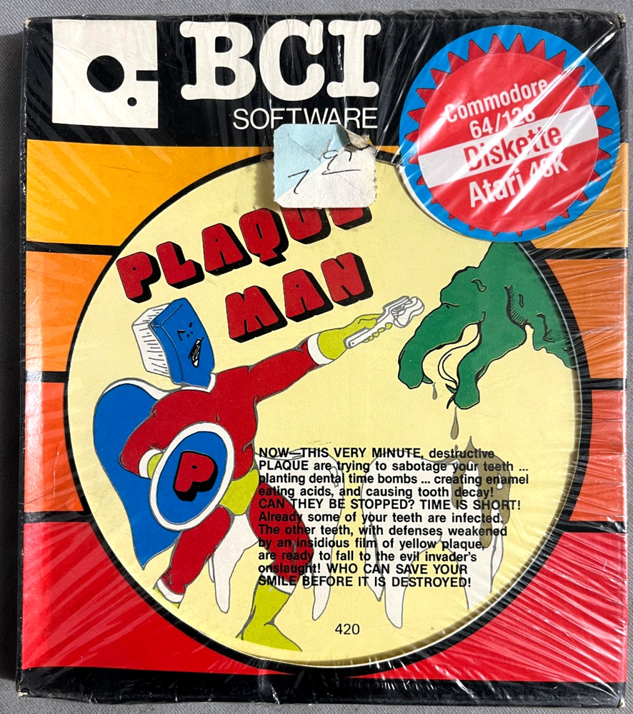 NIB! Plaque Man Commodore64/128|Atari48K flippy disk BCI Software 1985