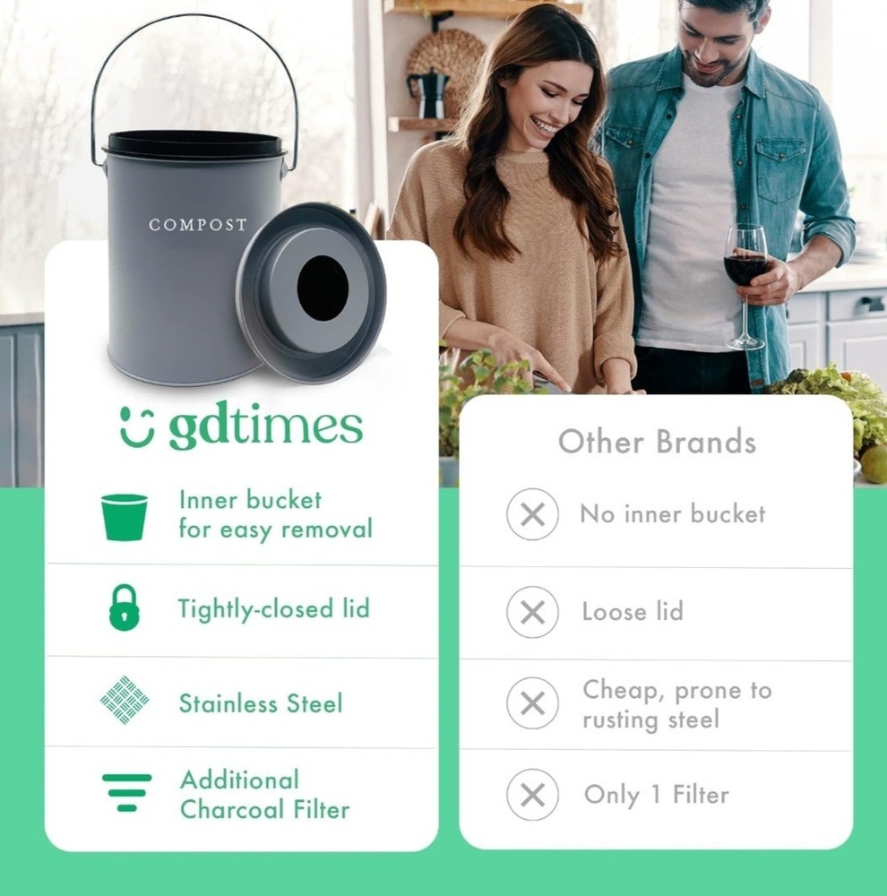 GdTimes Indoor Compost Bin Kitchen Odorless With Lid Grey