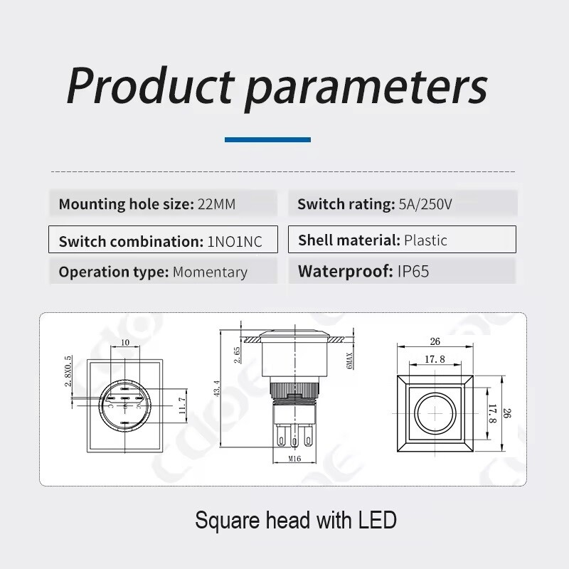 22mm SPDT/DPDT 5A250VAC Square Head Illuminated Switch Plastic Push Button Cover
