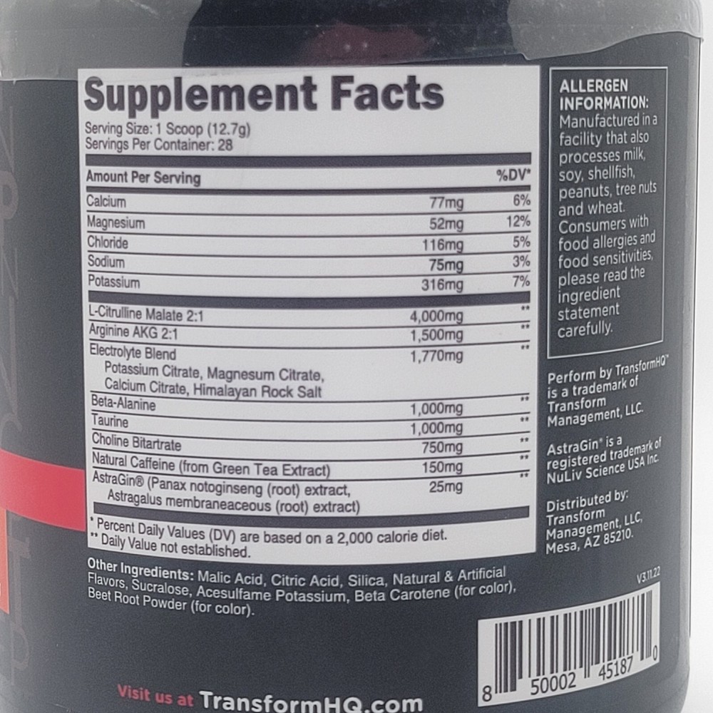 Transform HQ PERFORM Pre-Workout Drink Mix Powder - 12.5oz - Pineapple Mango