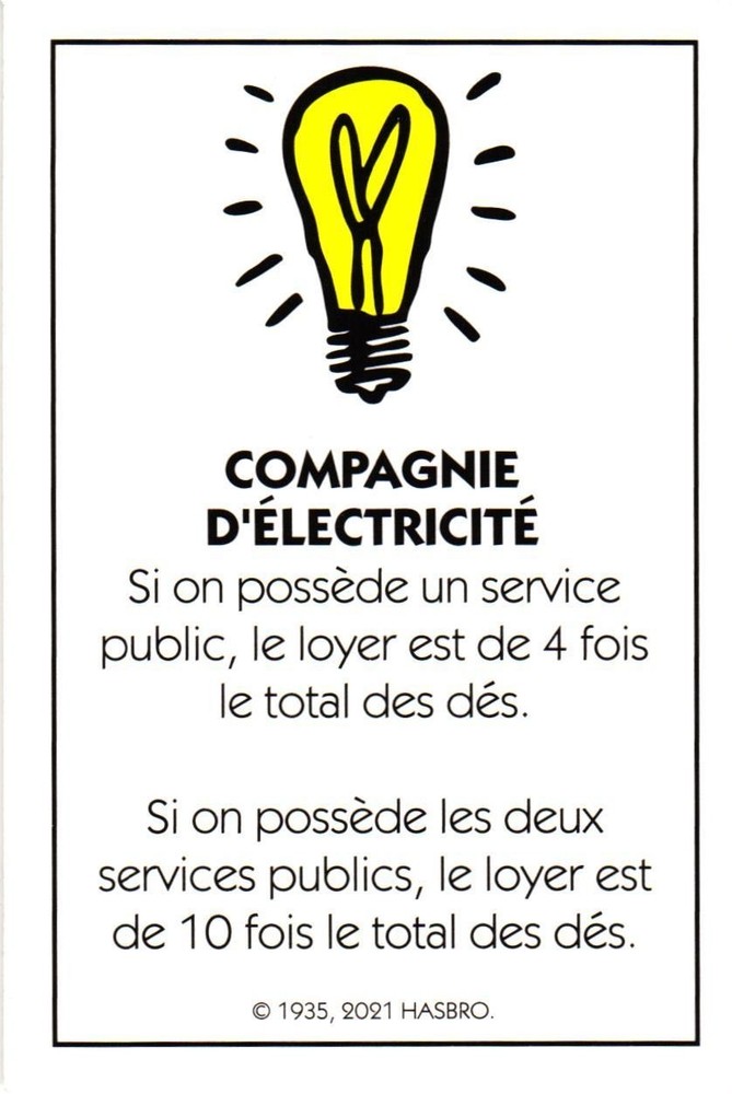 2021 Carte Monopoly Compagnie D'Electricite