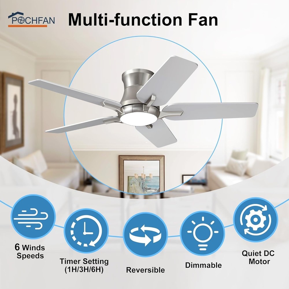 Versatile 42-Inch Reversible Ceiling Fan with LED Light & Timer - Low Profile