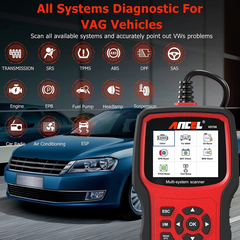 Ancel VD700 Car OBD2 Scanner Code Reader All System Diagnostic ABS SRS DPF Oil
