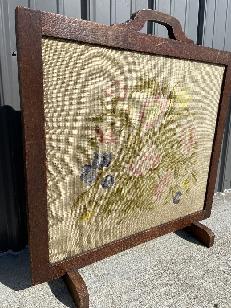 Antique Wood Framed Needlepoint Fireplace Screen NL
