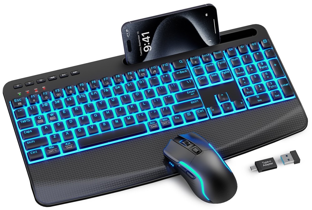 Wireless Keyboard & Mouse, Backlit Quiet Typing w/ Wrist Rest & Phone Holder
