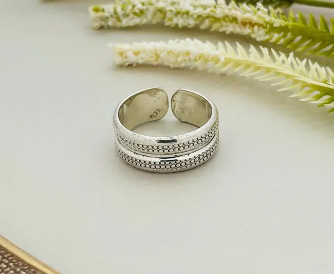 Solid 925 Sterling Silver Wide Textured Band Adjustable Thumb Boho Handmade Ring