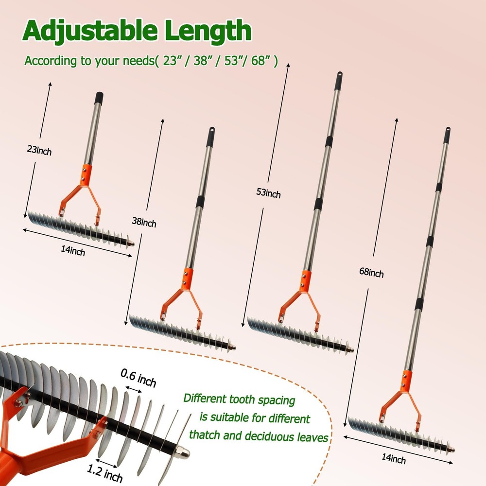 Thatch Rake with 68" Adjustable Handle,14" Dethatching Rake for Lawns – Re