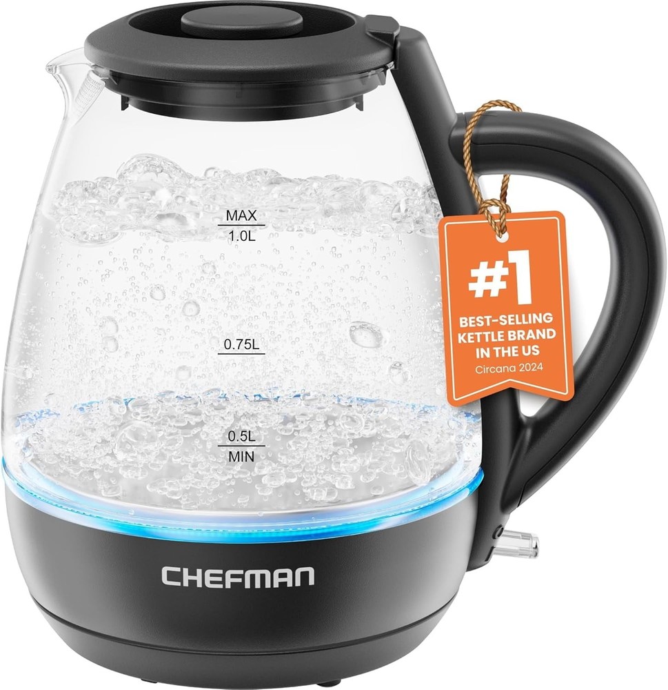 Chefman 1L Electric Glass Kettle w/ LED Indicator Light, Automatic Shutoff Black