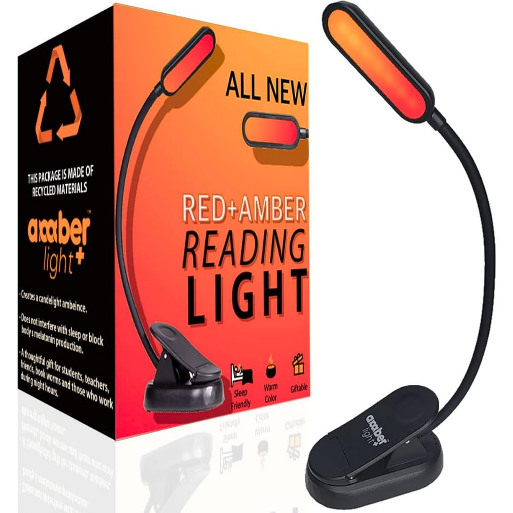 Amber Reading Light + Red Light. Giftable Blue Light Blocking Book Light for Rea
