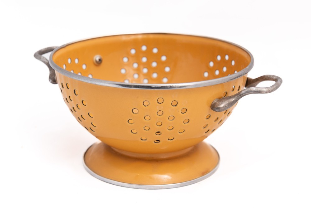 Vintage Yellow Enamel Strainer Colander Kitchen Cookware