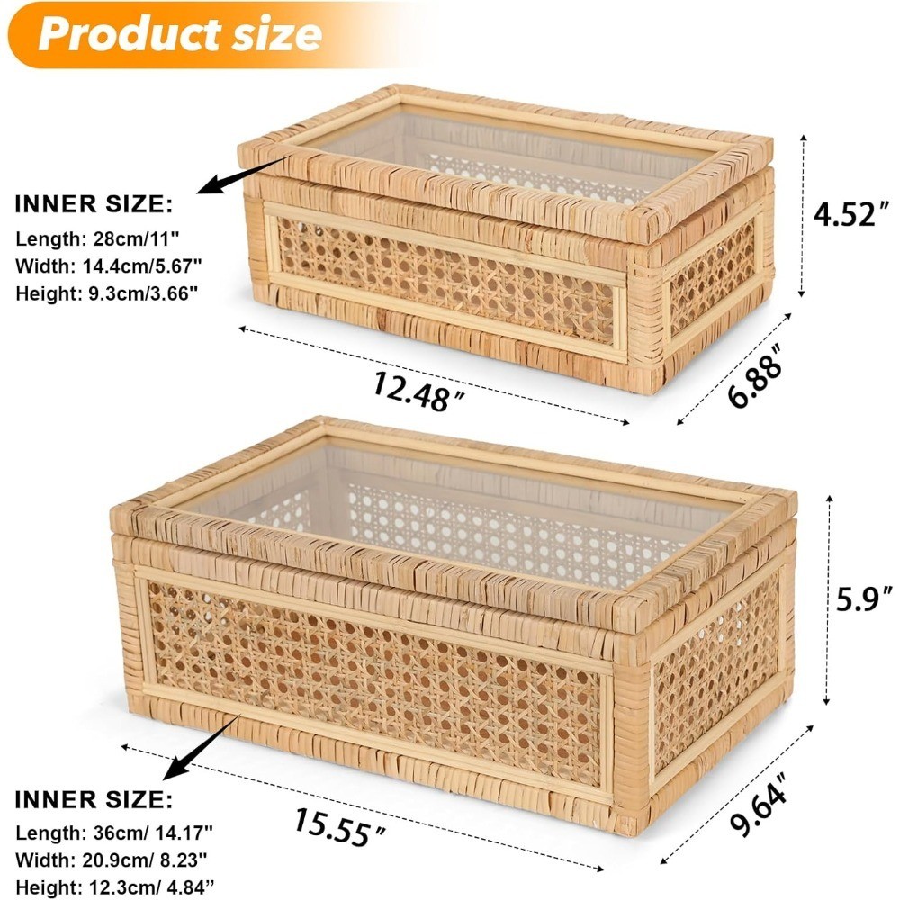 Large Handwoven Rattan Display Box Set with Glass Lids Rectangular Boho