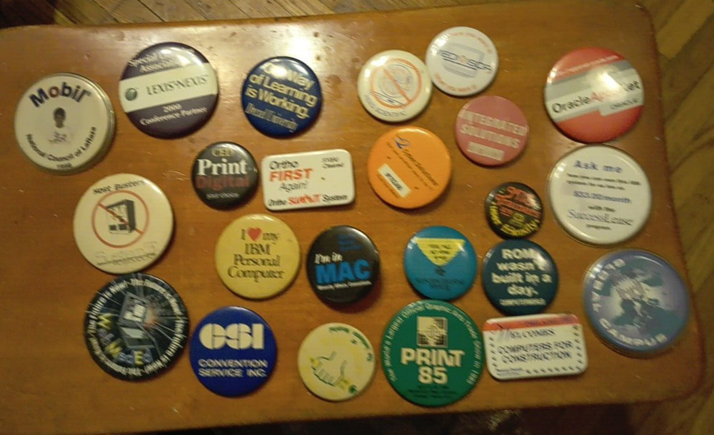 Vintage Early Computer Buttons Pins, Computer Tech Shows Lot