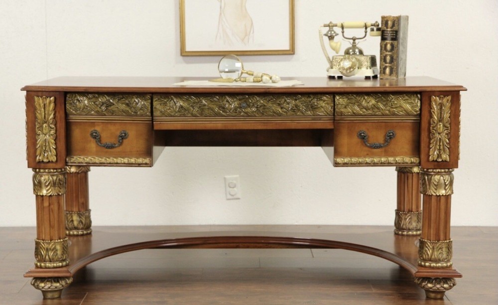 Classical Writing Desk, Carved Cherry & Maple with Dark Gold.