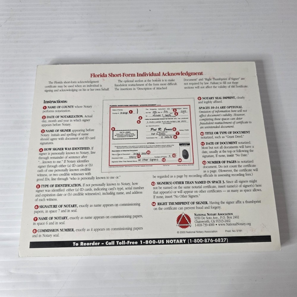 Florida Individual Acknowledgment About 100 Sheets Short Form Pad