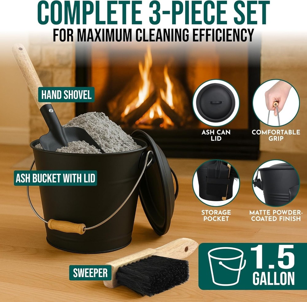 1.5 Gallon Mini Ash Bucket with Lid & Tools - Elegant Black Fireplace Solution