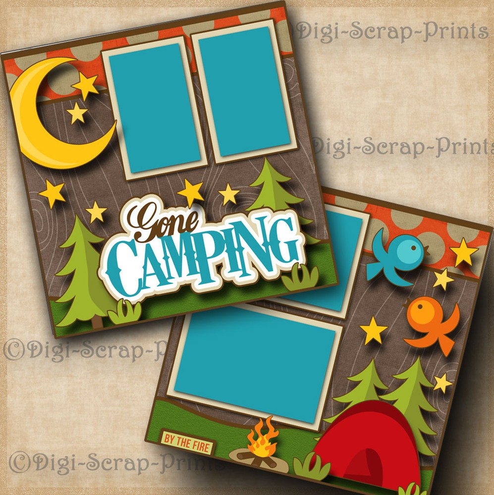 GONE CAMPING ~ 2 premade scrapbook pages paper piecing layout BY DIGISCRAP A0124