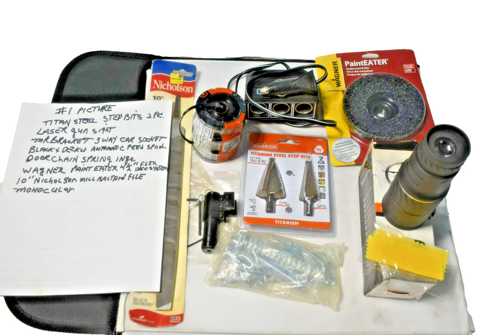 Somewhat Mystery   box new tools gun Laser. Monocular Step drill bits More 8lbs.