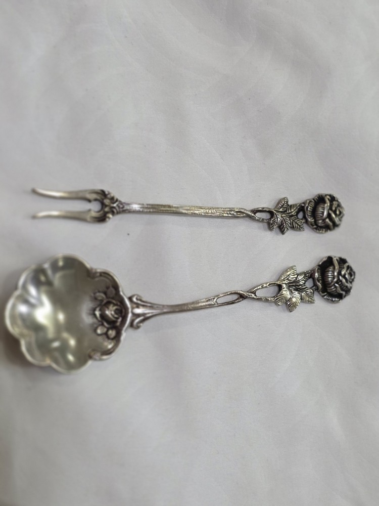 .800 Silver Alloy Rose Pattern Fork and Spoon Set, Antique Flatware Pair