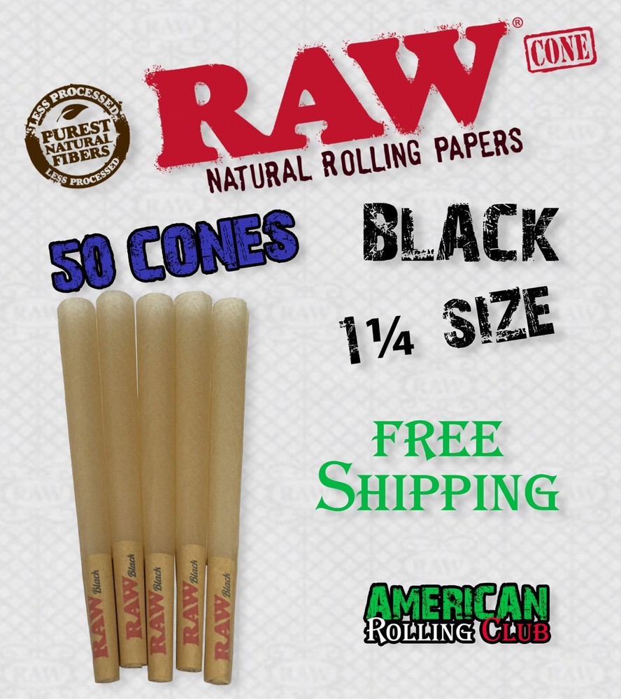 RAW BLACK 1 1/4 CONES 50 PACK~ CIGARETTE PAPERS~CRUSH PROF BOX