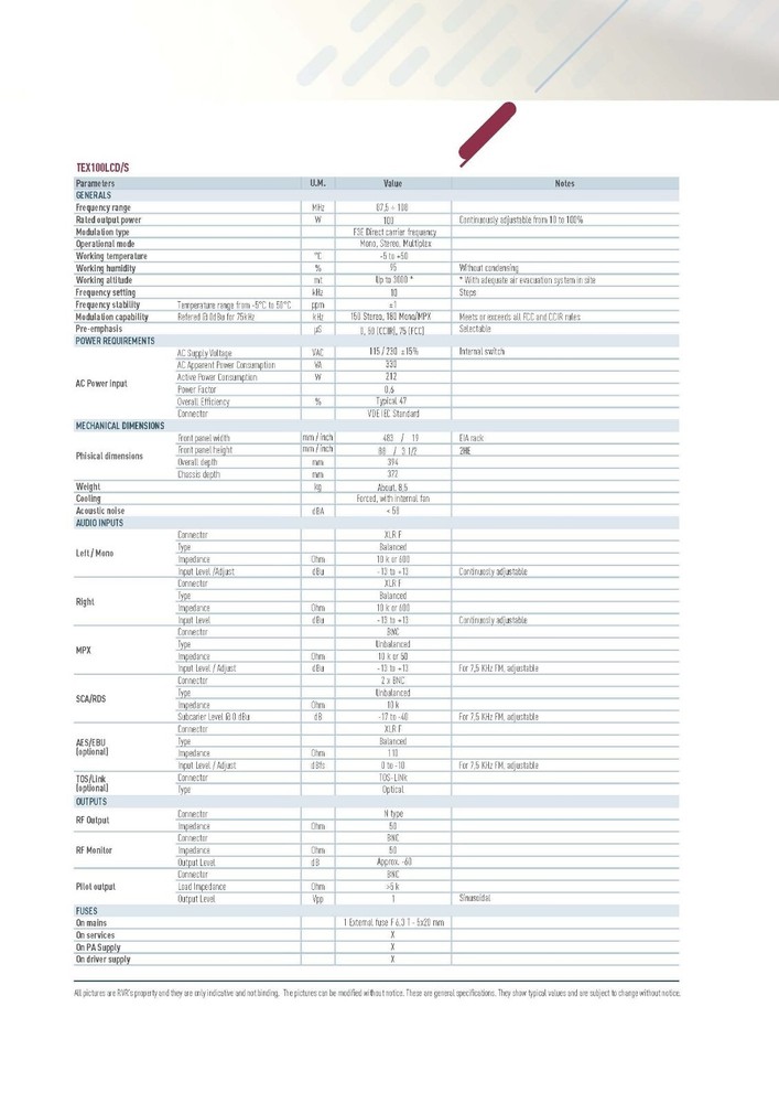 Broadcast RVR TEX 100 LCD 100w FM Transmitter with Encoder Stereo - 88 108 Mhz