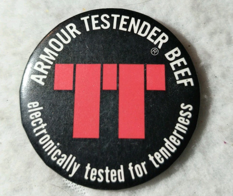 Vintage Armour Testender Beef TT Electronically Tested Pin Pinback Button 2.5"