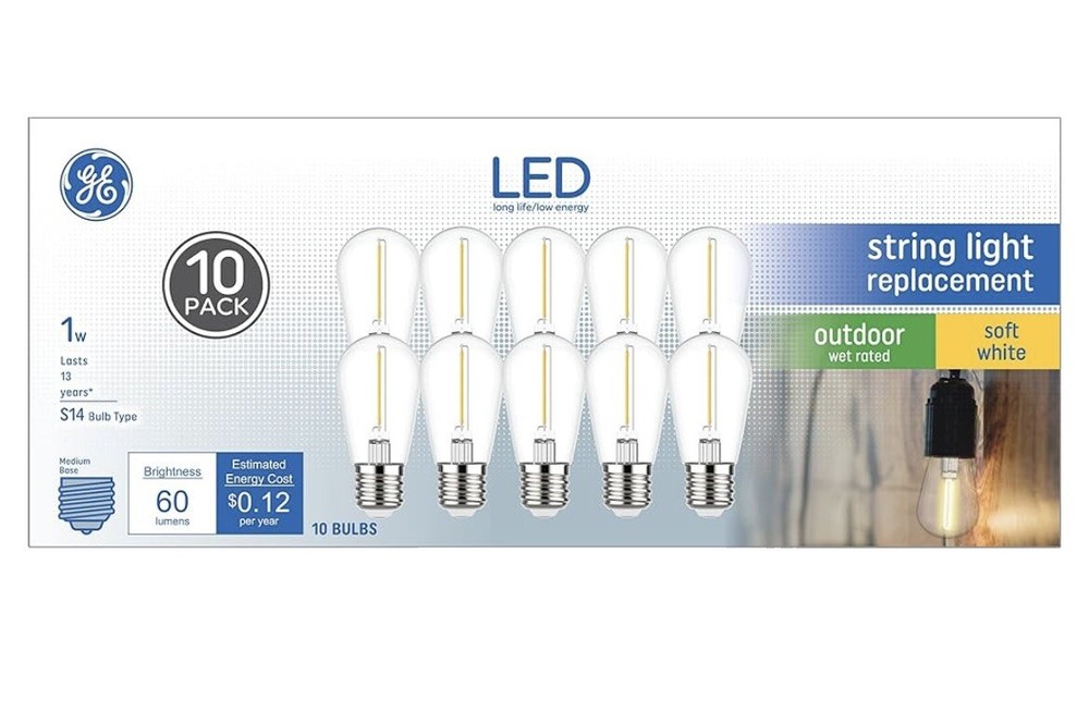10 Pack GE LED 1Watt Soft White String Light Replacement S14 Outdoor Bulbs