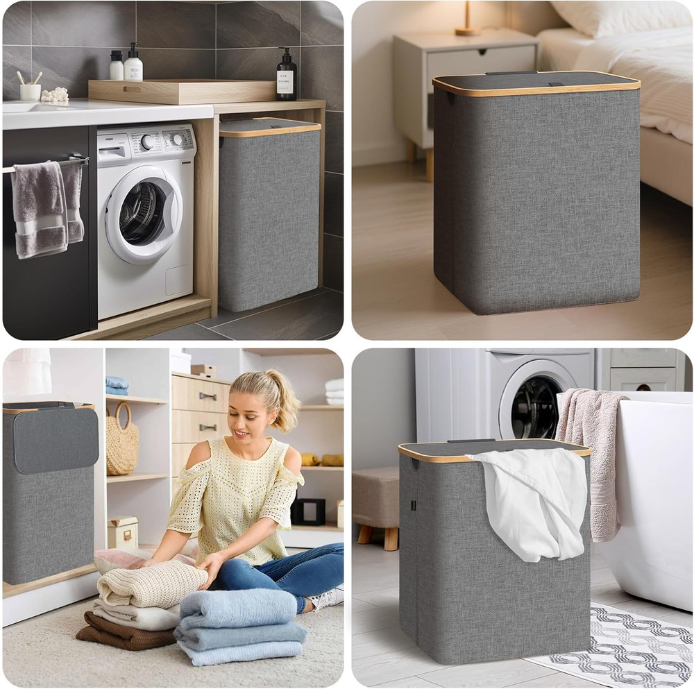 Laundry Hamper with Lid, Tall Laundry Baskets with Bamboo Pull Handles, Large La