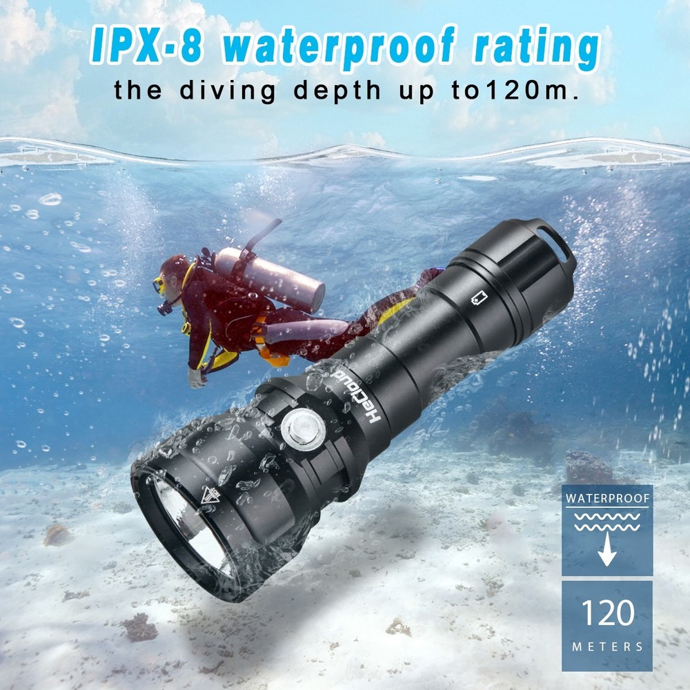 Scuba Diving Flashlight Waterproof Underwater 394ft LED Dive Torch Snorkeling