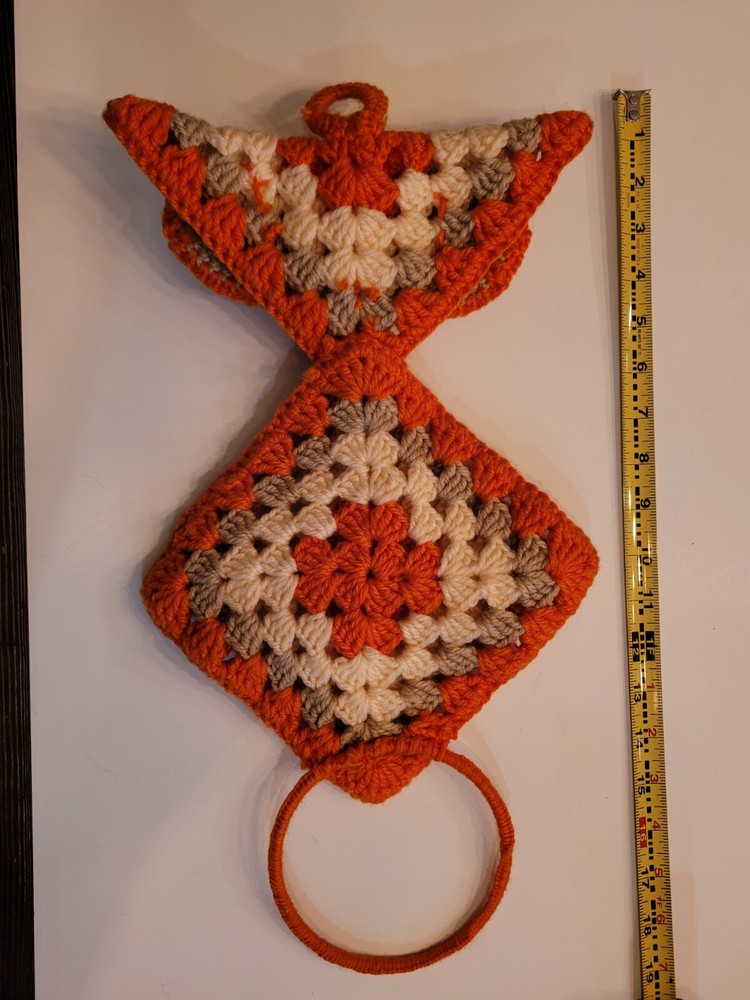 2 Vintage Macrame Owl Orange Brown Plastic Eyes