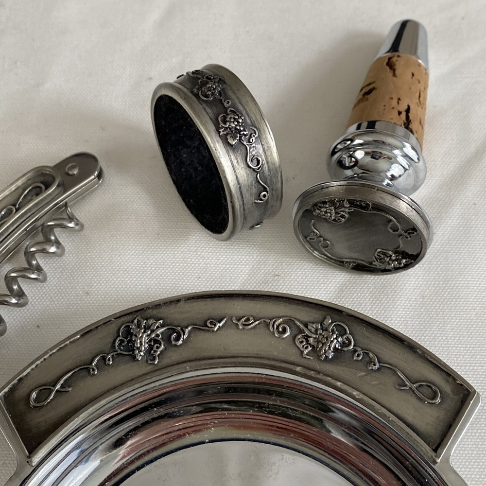 VTG 90s Grapevine Wine Accessory Set 4pc Corkscrew Stopper Drip Ring Coaster Box