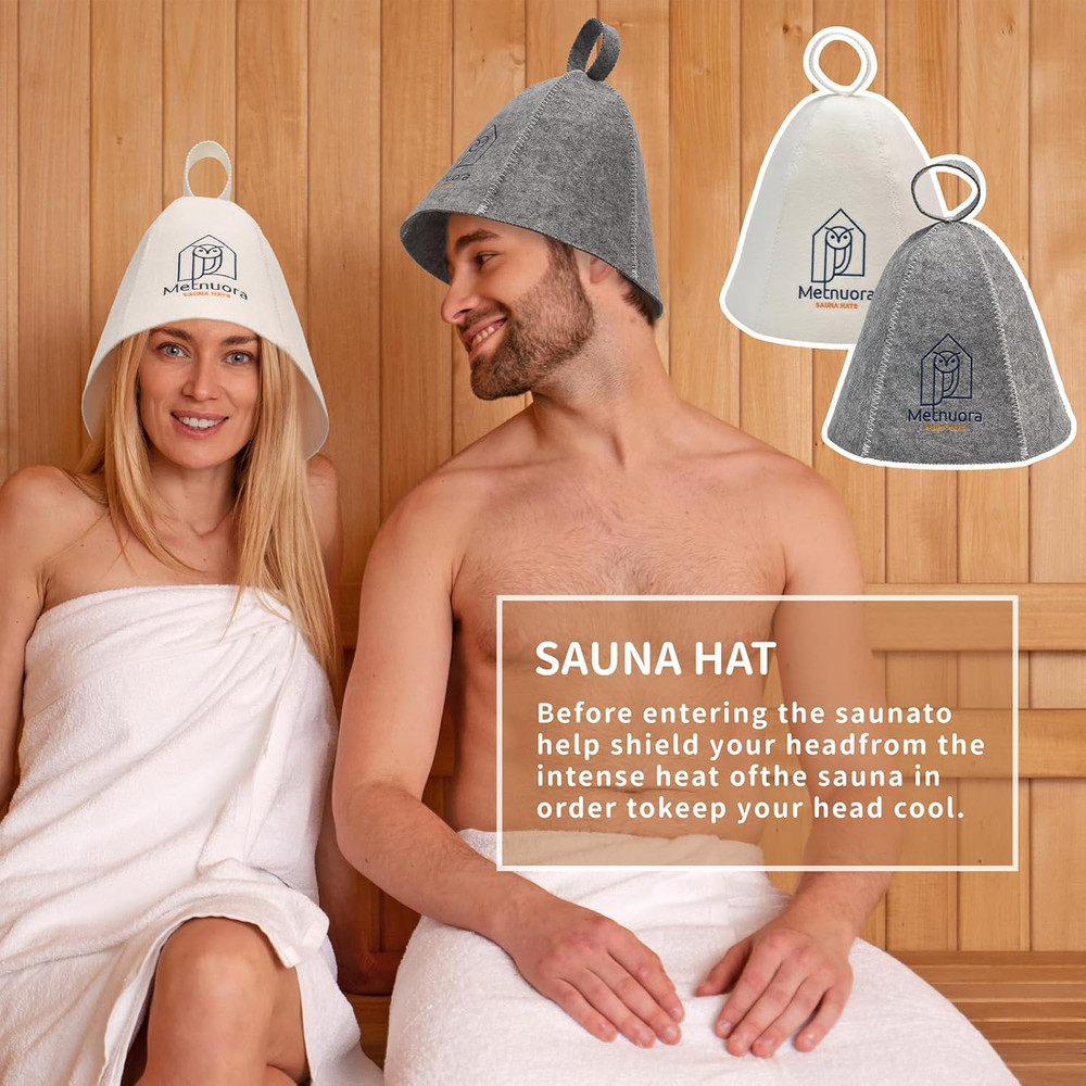 Sauna Hat 2-Pack, Wool Cap for Bathing (White, Grey)