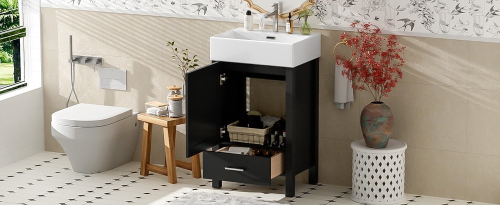 Black Modern Bathroom Vanity with Ceramic Sink, Solid Wood Frame，Storage Drawer