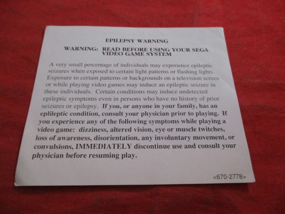 Sega Genesis Video Game System Epilepsy Warning White Insert Sheet ONLY