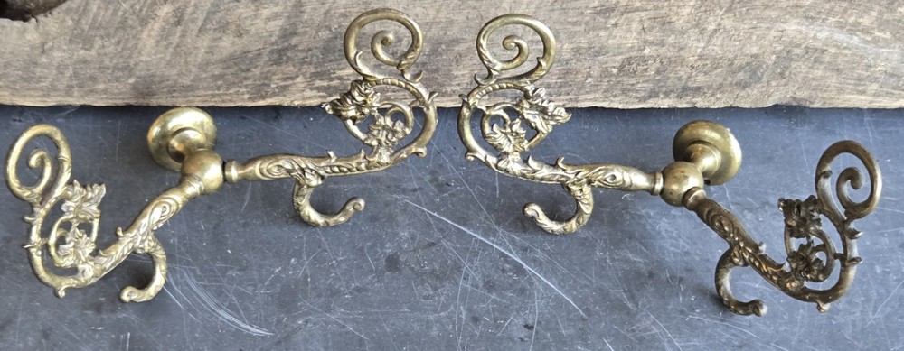 Pair of Solid Brass Hall Tree Double Hooks Architectural Salvage Coat & Hat Hook