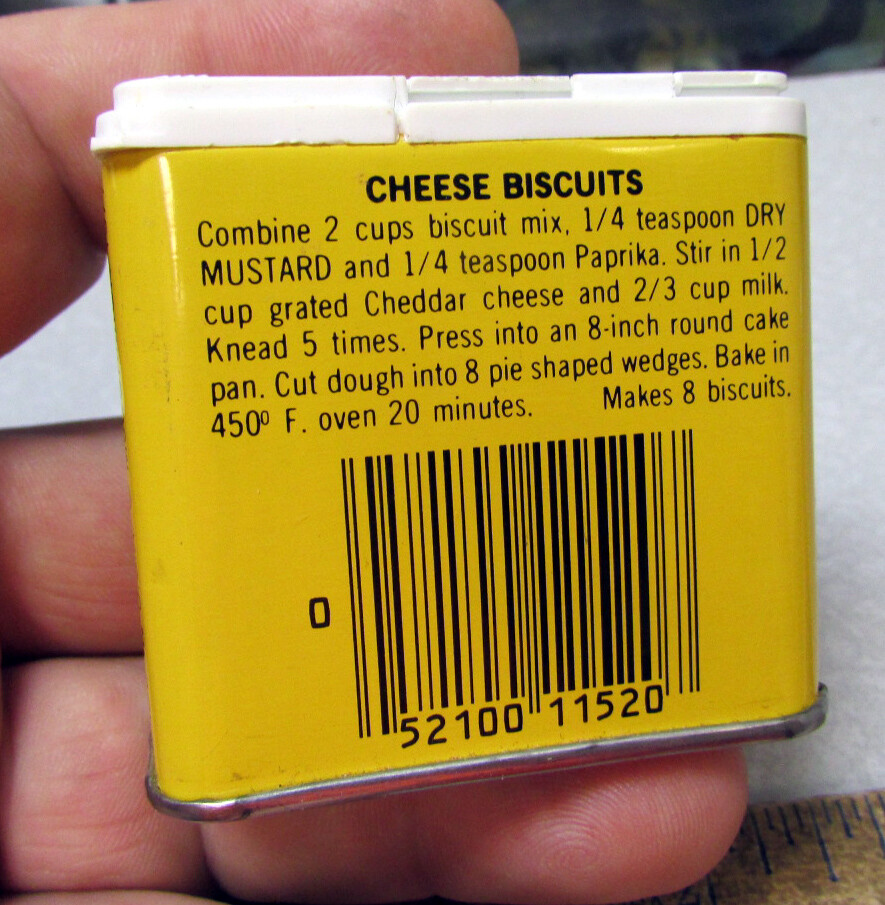 Schilling MUSTARD 1.12 oz spice tin, empty, 1970s version, Cheese Biscuits back