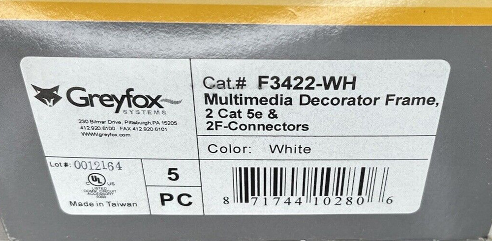 Greyfox Multimedia Decorator Frame, 2 Cat 5e & 2F-Connectors Factory Sealed