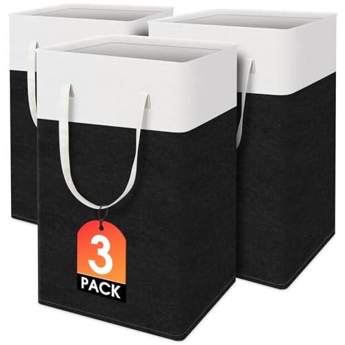 laundry basket 3-Pack, laundry hamper, Hamper with handles, 75L Black