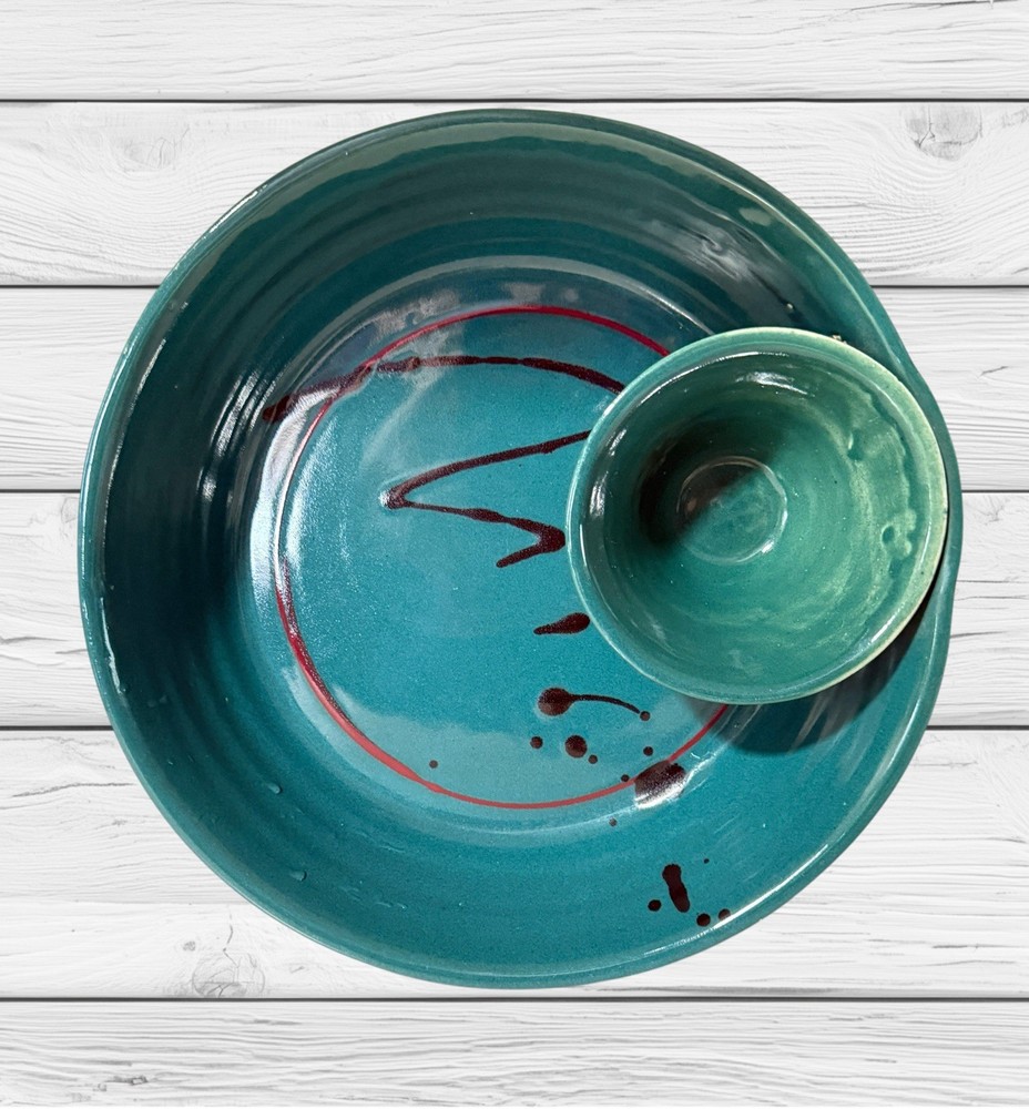 Teal Ceramic Chips & Dip Serving Bowl Abstract Design 10" Diameter