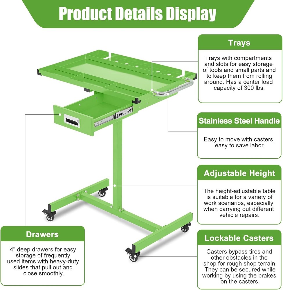 Tear Down Tray Mobile Work Table 220lbs Capacity Rolling Tool Table with Drawer