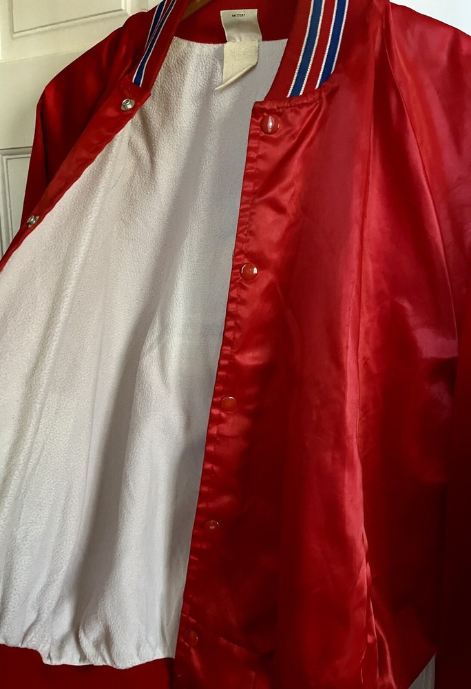 Vintage Nabisco Ritz Red Satin 3 Strikes Jukebox Bomber Jacket Size Medium