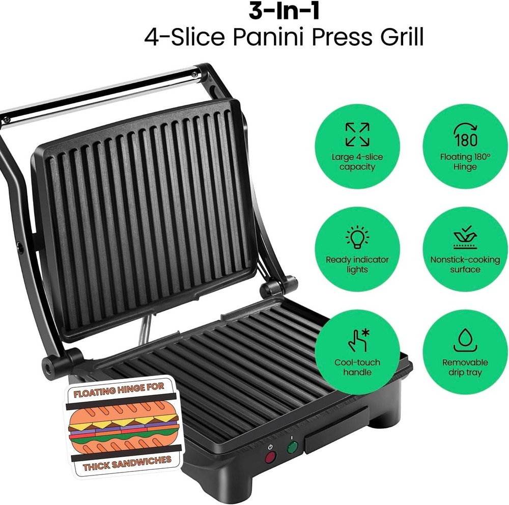 4 Slice Panini Press Grill - Non-Stick Plates, Black