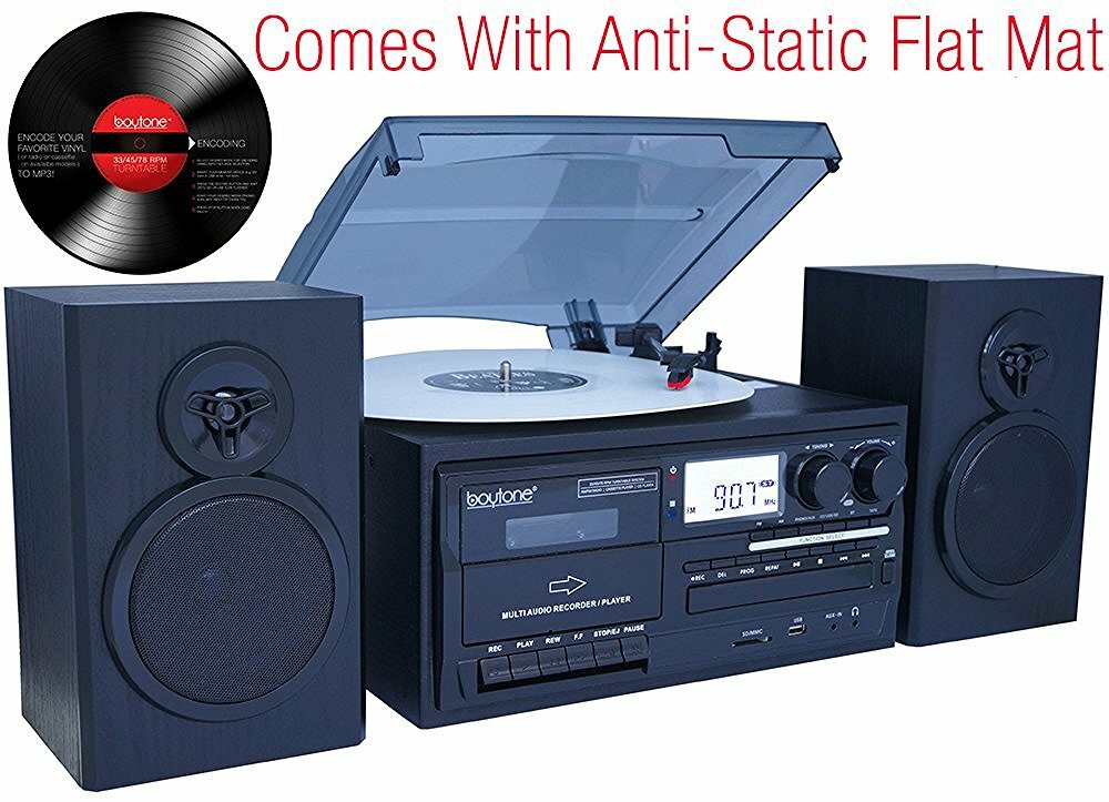 Boytone BT-28SPB Record Turntable System with Bluetooth CD Cassette Black