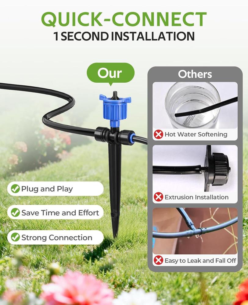 100FT Pressure Compensated Drip Irrigation System with Timer, No-Leak Quick Conn