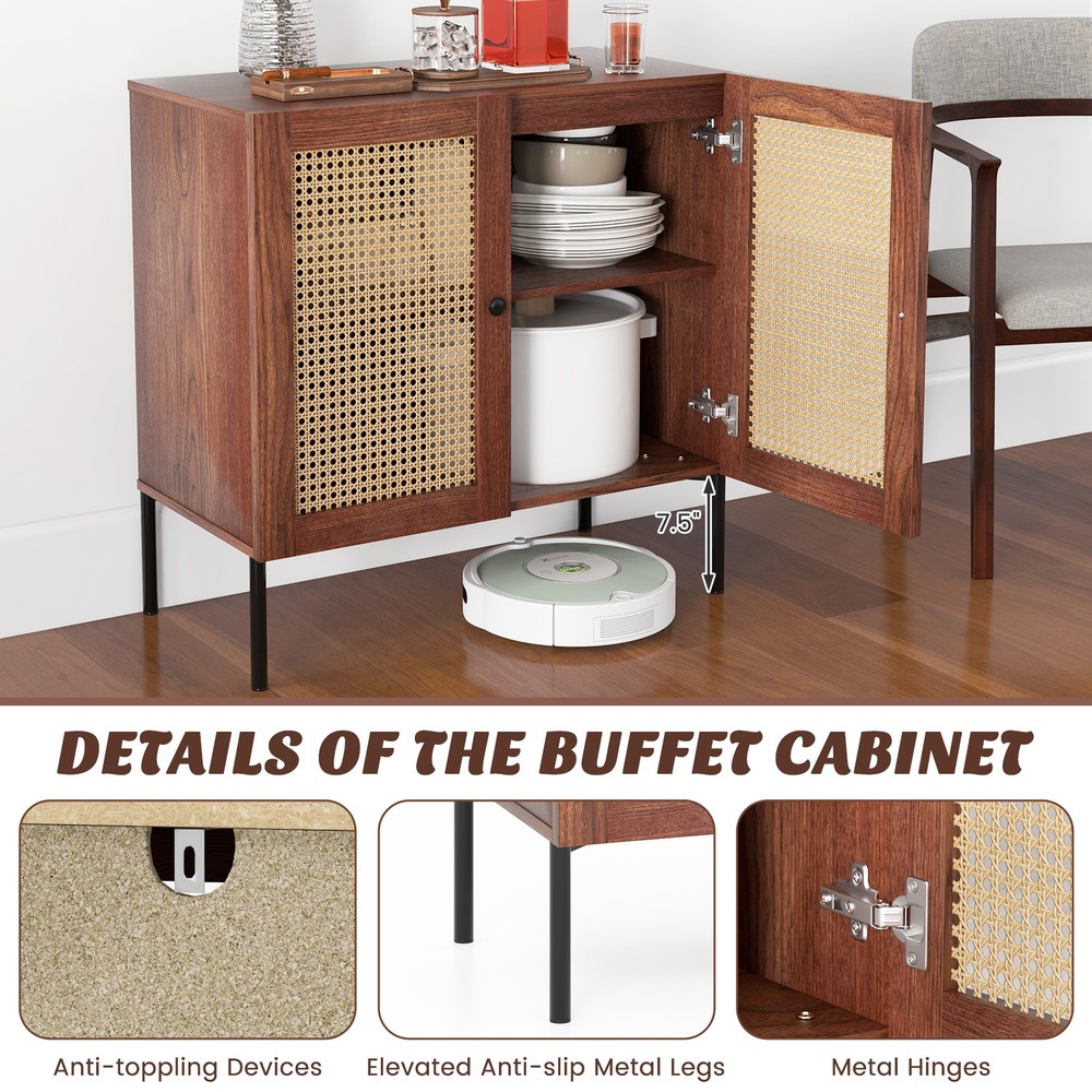 Rattan Buffet Sideboard Wine Cabinet Cupboard w/ Adjustable Shelf Walnut