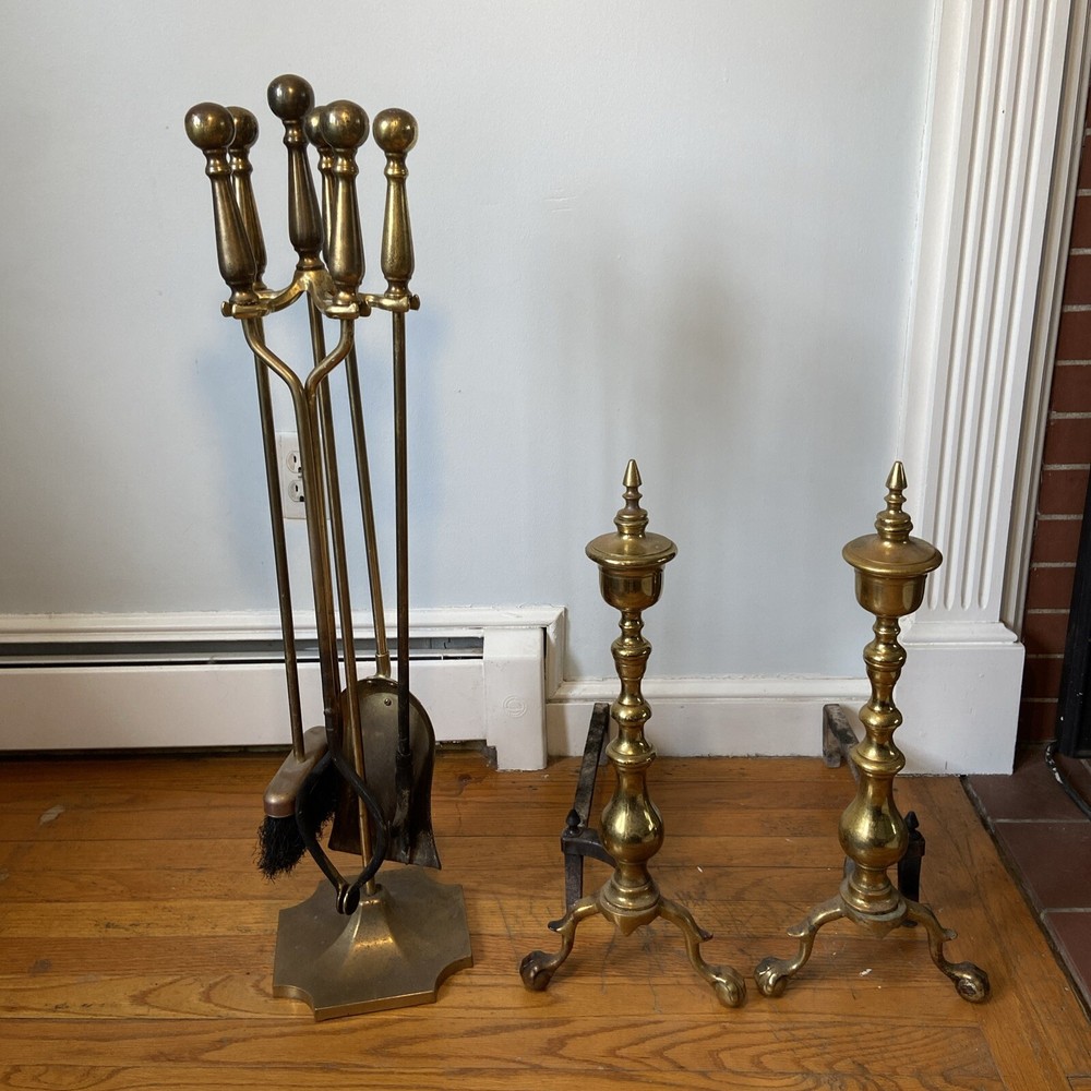 Antique Brass Fireplace Tools And 21” Brass Andirons